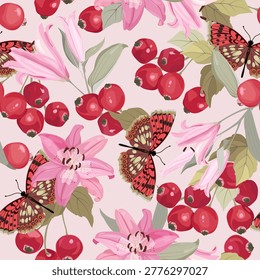 Seamless vector illustration of wild apples, lily with butterflies. Perfect for decorating textiles or packaging.