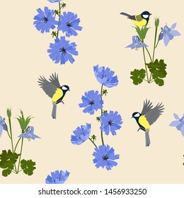 Seamless vector illustration with wildflowers and birds on a beige background. For decoration of textiles, packaging, web design, wallpaper.