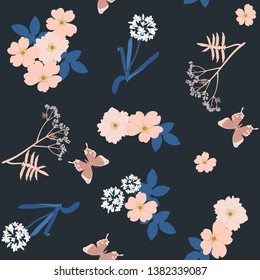 Seamless vector illustration with wildflowers and butterflies on a black background. For decoration of textiles, packaging, web design.