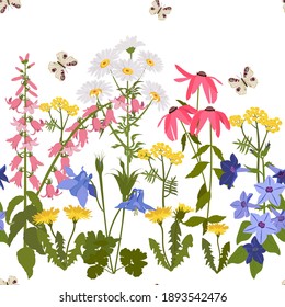 Seamless vector illustration with wildflowers and butterflies on a white background. For decorating textiles, packaging and wallpaper.