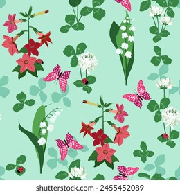 Seamless vector illustration with wildflowers and butterflies on a turquoise background. For decorating textiles and packaging.