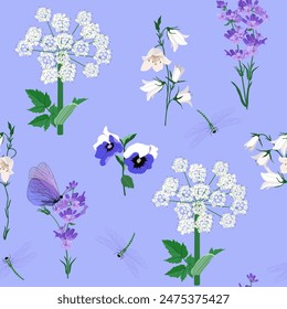 Ilustración vectorial sin costuras con flores silvestres, mariposas y libélulas sobre un fondo púrpura. Para decorar textiles y envases.