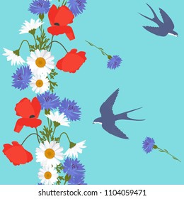 Seamless vector illustration with wildflowers. Chamomile, cornflowers, poppies and swallows on a blue background. For decorating textiles, packaging and wallpaper.