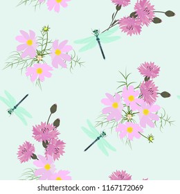 Seamless vector illustration with wildflowers cornflowers, cosmees and dragonflies. For decorating textiles, packaging, wallpapers, covers.