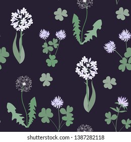 Seamless vector illustration with wildflowers on a dark background. For decoration of textiles, packaging, web design.