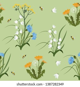 Seamless vector illustration with wildflowers on a green background. For decoration of textiles, packaging, web design.