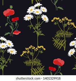 Seamless vector illustration with wildflowers on a black background. For decoration of textiles, packaging, web design.