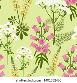 Seamless vector illustration with wildflowers on a green background. For decoration of textiles, packaging, web design.