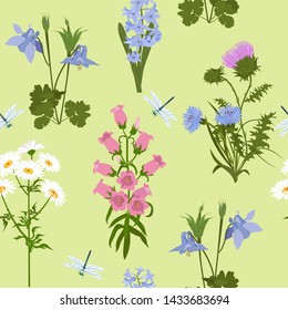 Seamless vector illustration with wildflowers on a green background. For decoration of textiles, packaging, web design.