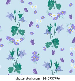 Seamless vector illustration with wildflowers on a blue background. For decoration of textiles, packaging, web design, wallpaper.