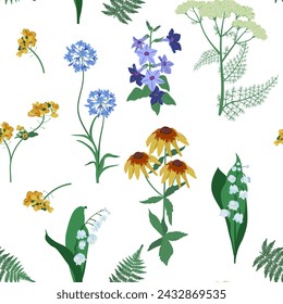 Seamless vector illustration with wildflowers on a white background. For decorating textiles and packaging.