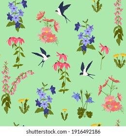 Seamless vector illustration with wildflowers and swallows on a green background. For decorating textiles, packaging and cover.