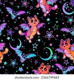 Seamless vector illustration. Winged cute cats and bats