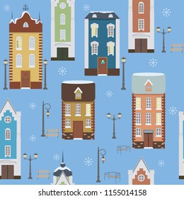 Seamless vector illustration of a winter, christmas city. Houses with lanterns and benches. For decorating textiles, packaging and wallpaper.