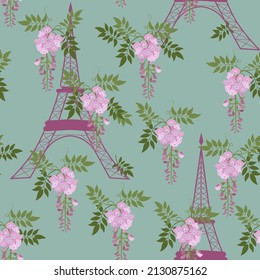 Seamless vector illustration with wisteria and eiffel tower. For decorating textiles, packaging, web design.