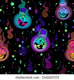 seamless vector illustration of witch bottles with potion