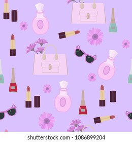 Seamless vector illustration with women's cosmetics, purse and flowers on a lilac background. For decorating textiles, packaging, web design.