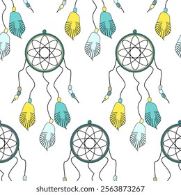 Seamless vector illustration wtih dream catchers bohemian vector art decor design print wallpaper pattern background	
