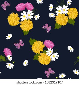 Seamless vector illustration with yellow chrysanthemums and butterfly on a dark background. For decorating textiles, packaging, web design.