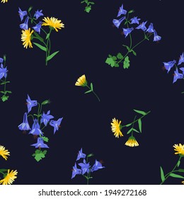 Seamless vector illustration with yellow chrysanthemums, aquilegia on a dark background. For decorating textiles, packaging, web design.