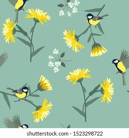 Seamless vector illustration with yellow gerberas and titmouse. For textile decoration, packaging, web design.