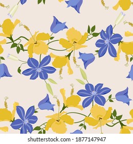 Seamless vector illustration with yellow hibiscus flowers and blue clematis on a light background. For decorating textiles, packaging, wallpaper.