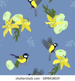 Seamless vector illustration with yellow lilies and titmouse on a blue background. For textile decoration, packaging, web design.