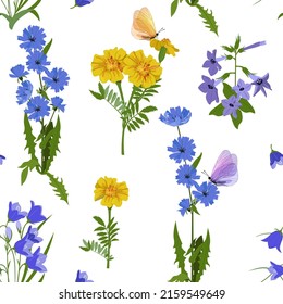 Seamless vector illustration with yellow marigolds, bluebells and butterflies on a white background. For decorating textiles, packaging, paper.