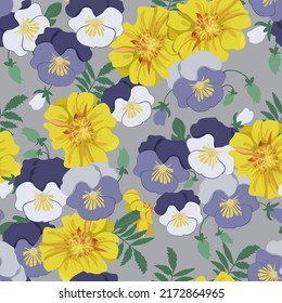 Ilustración vectorial sin foco con marigolas amarillas y paneles sobre un fondo gris. Para decorar textiles, embalajes, papel.