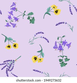 Seamless vector illustration with yellow pansies, aquilegia and lavender on a lilac background. For decorating textiles, packaging, web design.
