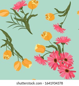 Seamless vector illustration with yellow tulips and daisy on a green background. For decorating textiles, packaging, wallpaper.