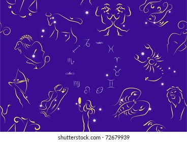 Seamless vector illustration of zodiac signs whirling in circle.