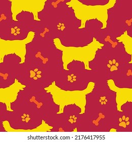 Seamless vector image of animals with silhouettes of dogs. Endless texture can be used for printing on fabric, web page background, paper or invitations. Doggy style. Orange,red and yellow colors.