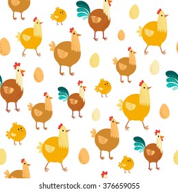 Seamless vector image, background pattern with hens, roosters, chickens and eggs on white background
