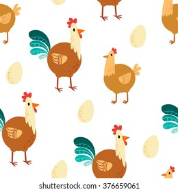 Seamless vector image, background pattern with hens, roosters, chickens, eggs on white background