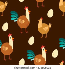 Seamless vector image, background pattern with hens, roosters, chickens, eggs on dark brown background