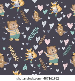 Seamless vector with the image of cute animals foxes, bears, owls and hearts. Against a dark background.