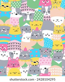 seamless vector image design cute animals, cat, colorful, wallpaper, decoration