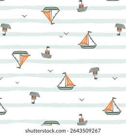 seamless vector image  design ship, seabird, sailboat