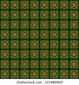 Seamless vector image of the elements in gold color on green background. For wallpaper, presentation, design, textiles. Vector illustration.