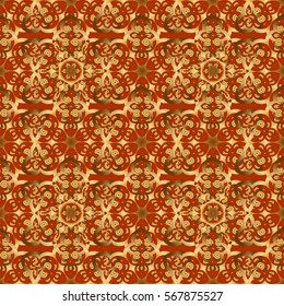 Seamless vector image of the elements in gold color on brown background. For wallpaper, presentation, design, textiles. Vector illustration.