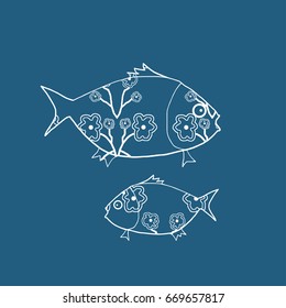 A seamless vector image with a fish on blue background which could be used as design for wallpaper, wrapping paper, textile, wall decoration or card. Fish is filled with floral pattern.