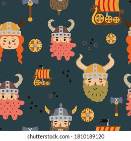 Seamless Vector image. Funny modular image of Viking Designs for children to decorate with. Continuous module to expand.