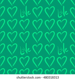 Seamless vector with the image of hearts and love inscription. Handmade. It can be used for packaging, invitations, postcard holiday, fabrics and textiles, etc.