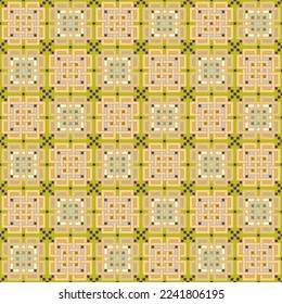 Seamless, Vector Image of Intertwining Rectangular Shapes and Crosses Forming a Repeating Pattern in Orange and Green Tones. Possible Applications in Design and Textiles