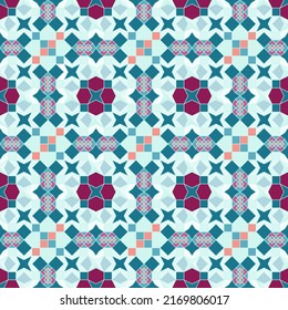 Seamless, Vector Image of a Mosaic of Geometric Shapes and Lines, In Bluish Tones. Possible Applications in Design and Textiles