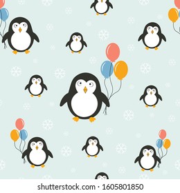 Seamless vector image Penguins with balloons Penguin icon Cute animal illustration Pastel light background