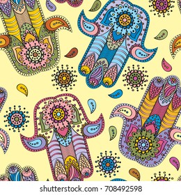 Seamless vector Indian hand drawn hamsa symbol.Vector Henna tattoo style.Can be used for textile, greeting business card background, coloring book, phone case print.Seamless pattern with hamsa symbol.