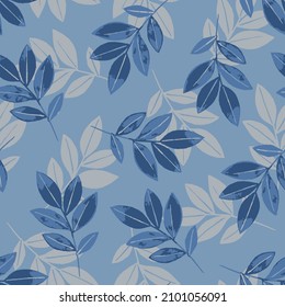Seamless vector indigo blue leaf plant pattern. Design for fabric and paper,Abstract beautiful hand drawn seamless scattered leaf pattern design blue background.