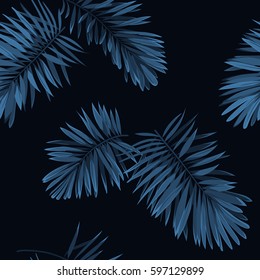 Seamless vector indigo blue pattern with monstera palm leaves on dark background. Summer tropical fabric design.
